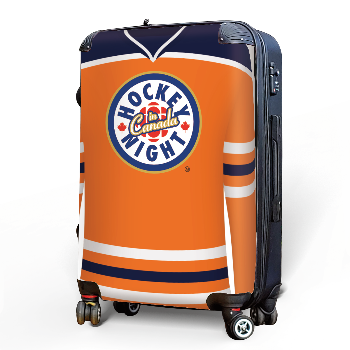 Hockey Night In Canada Luggage Classic Logo and Orange Edmonton Sweater Design Officially Licensed 24