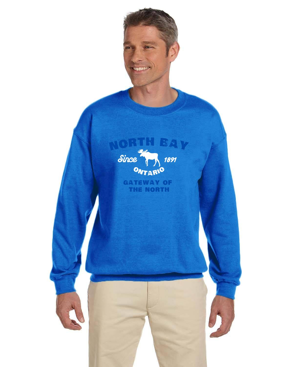Canadian City Sweatshirt, North Bay, Ontario, Moose Design, Gateway of the North, Men's Sweatshirt Blue Font