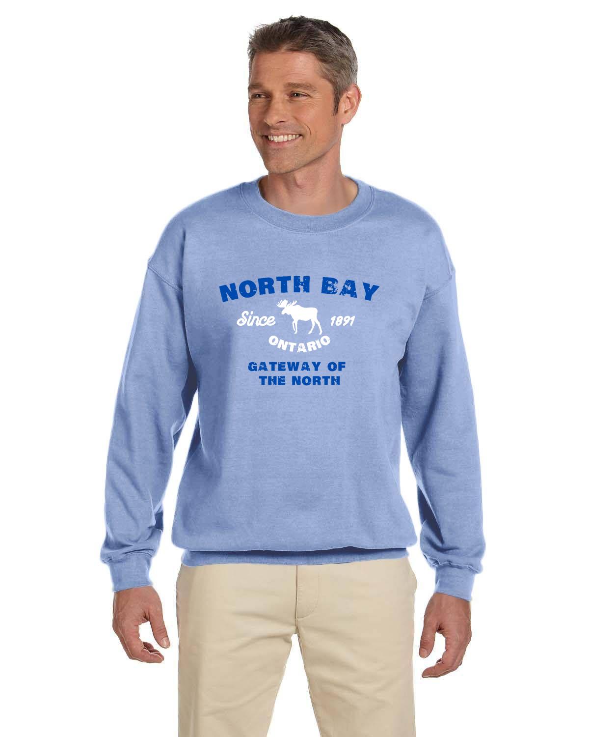 Canadian City Sweatshirt, North Bay, Ontario, Moose Design, Gateway of the North, Men's Sweatshirt Blue Font