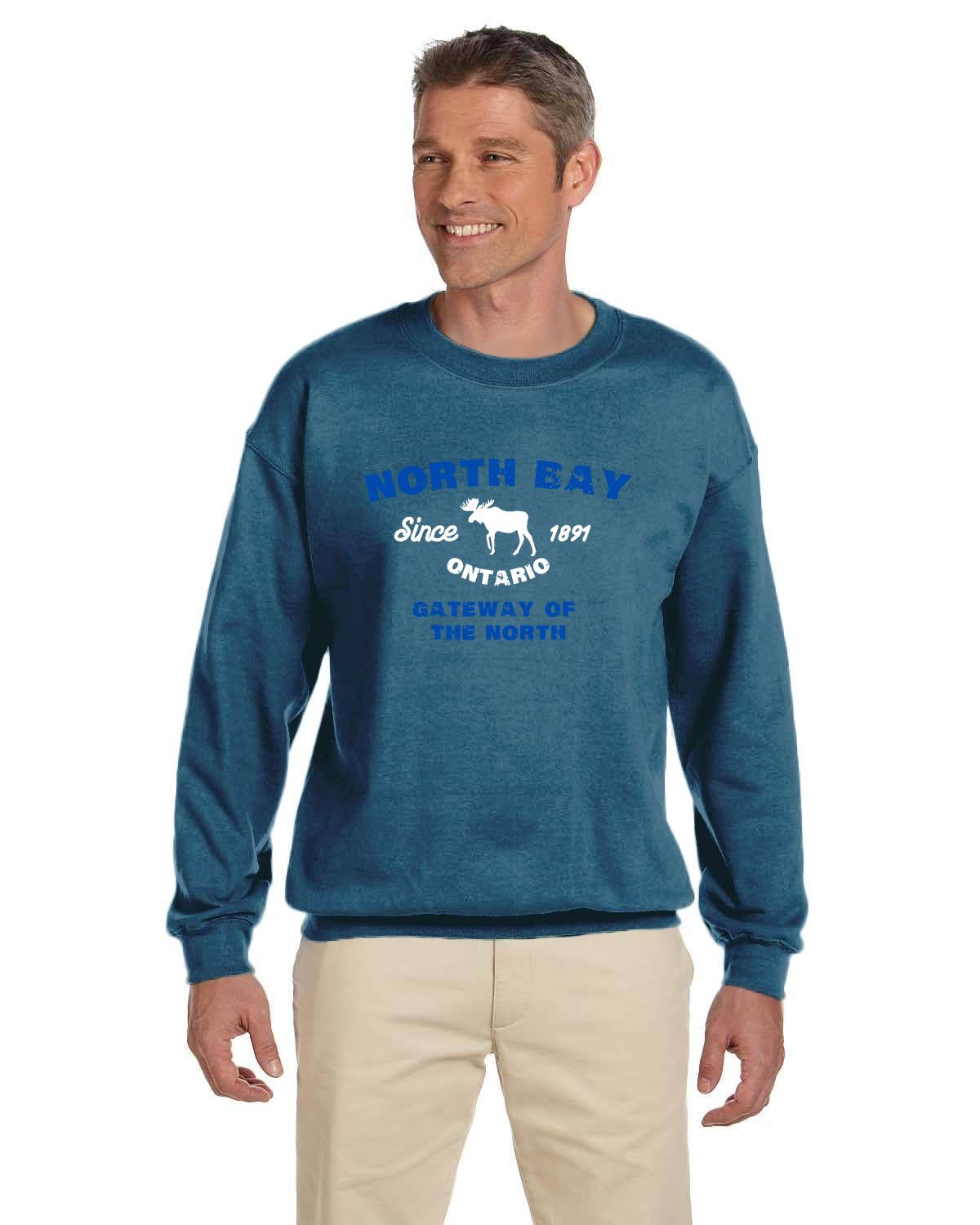 Canadian City Sweatshirt, North Bay, Ontario, Moose Design, Gateway of the North, Men's Sweatshirt Blue Font