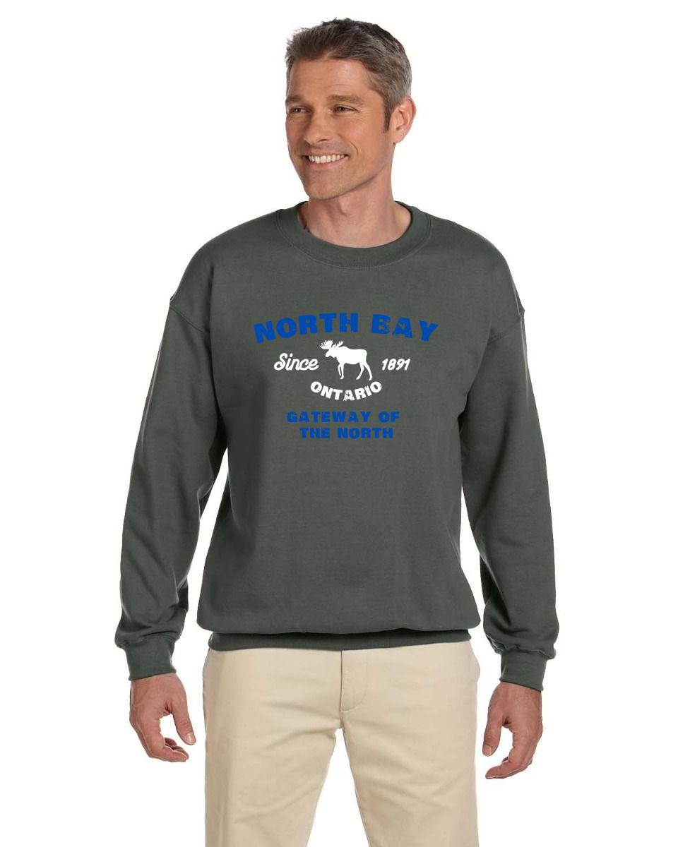 Canadian City Sweatshirt, North Bay, Ontario, Moose Design, Gateway of the North, Men's Sweatshirt Blue Font