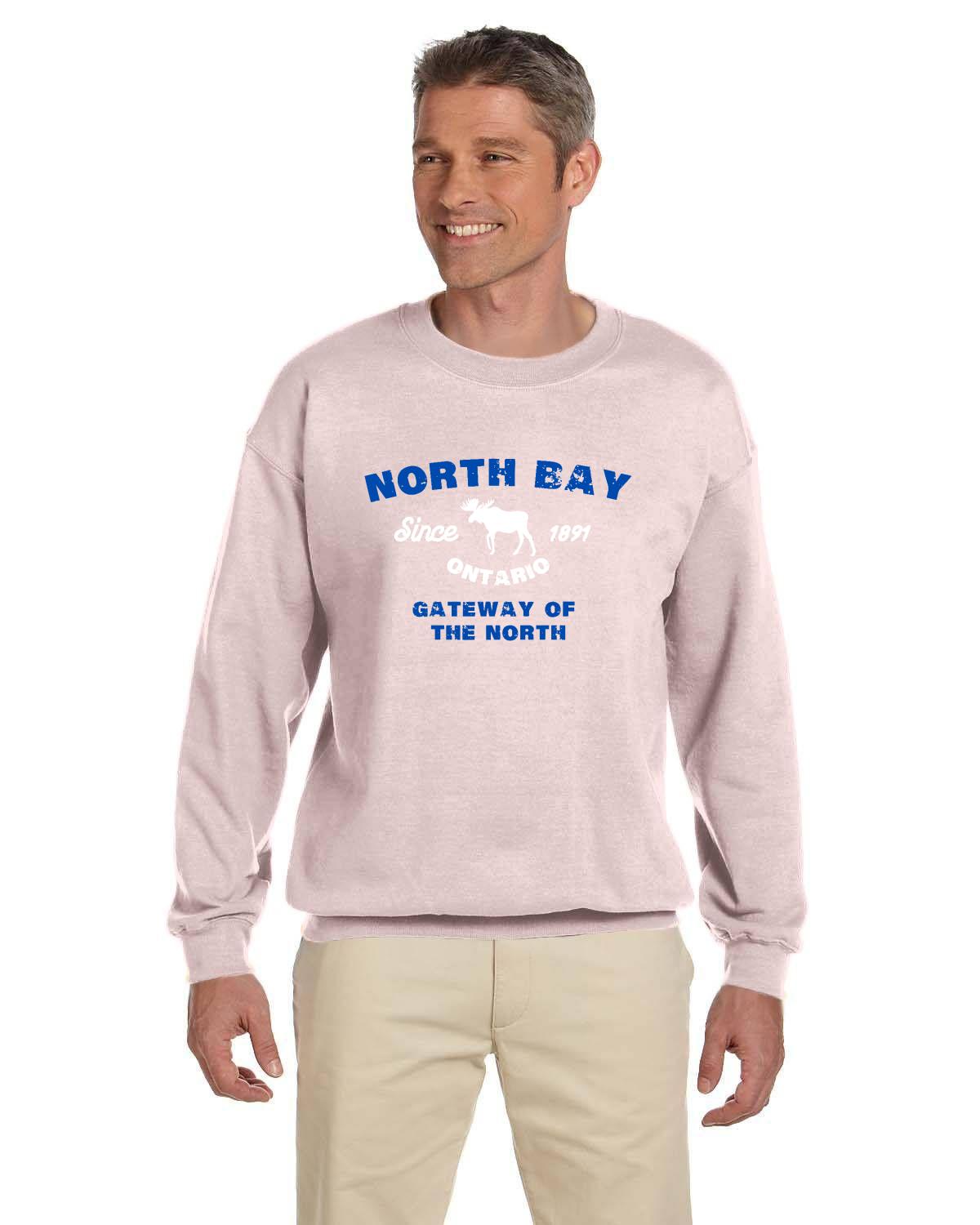 Canadian City Sweatshirt, North Bay, Ontario, Moose Design, Gateway of the North, Men's Sweatshirt Blue Font