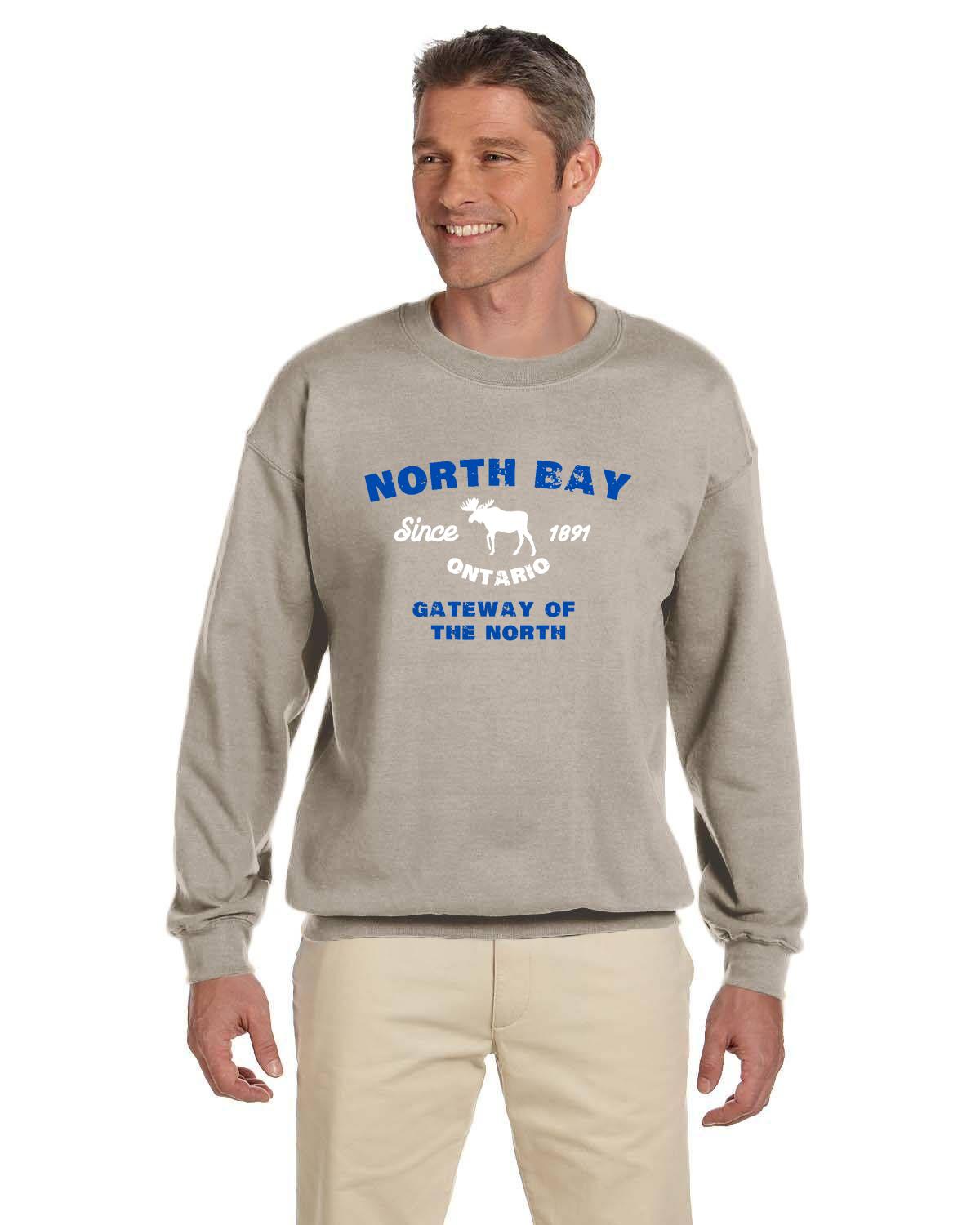 Canadian City Sweatshirt, North Bay, Ontario, Moose Design, Gateway of the North, Men's Sweatshirt Blue Font
