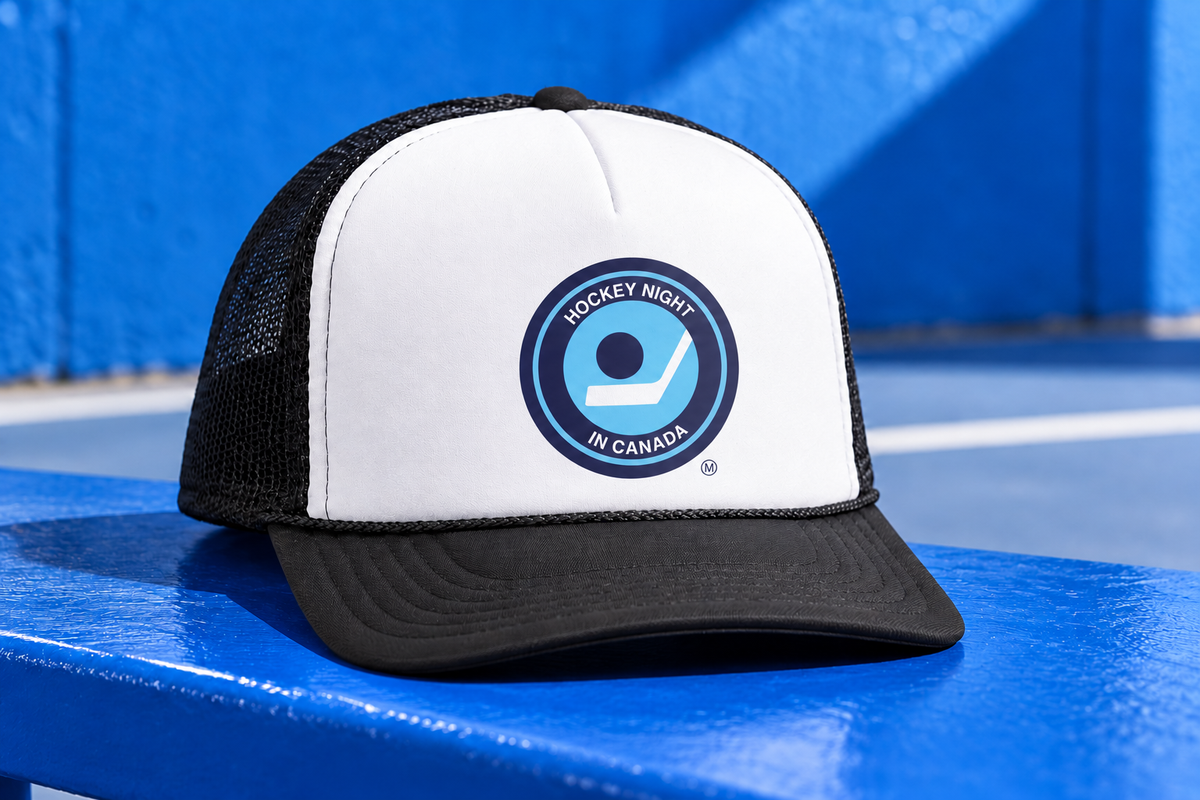 Hockey Night in Canada retro trucker hat on a blue bench