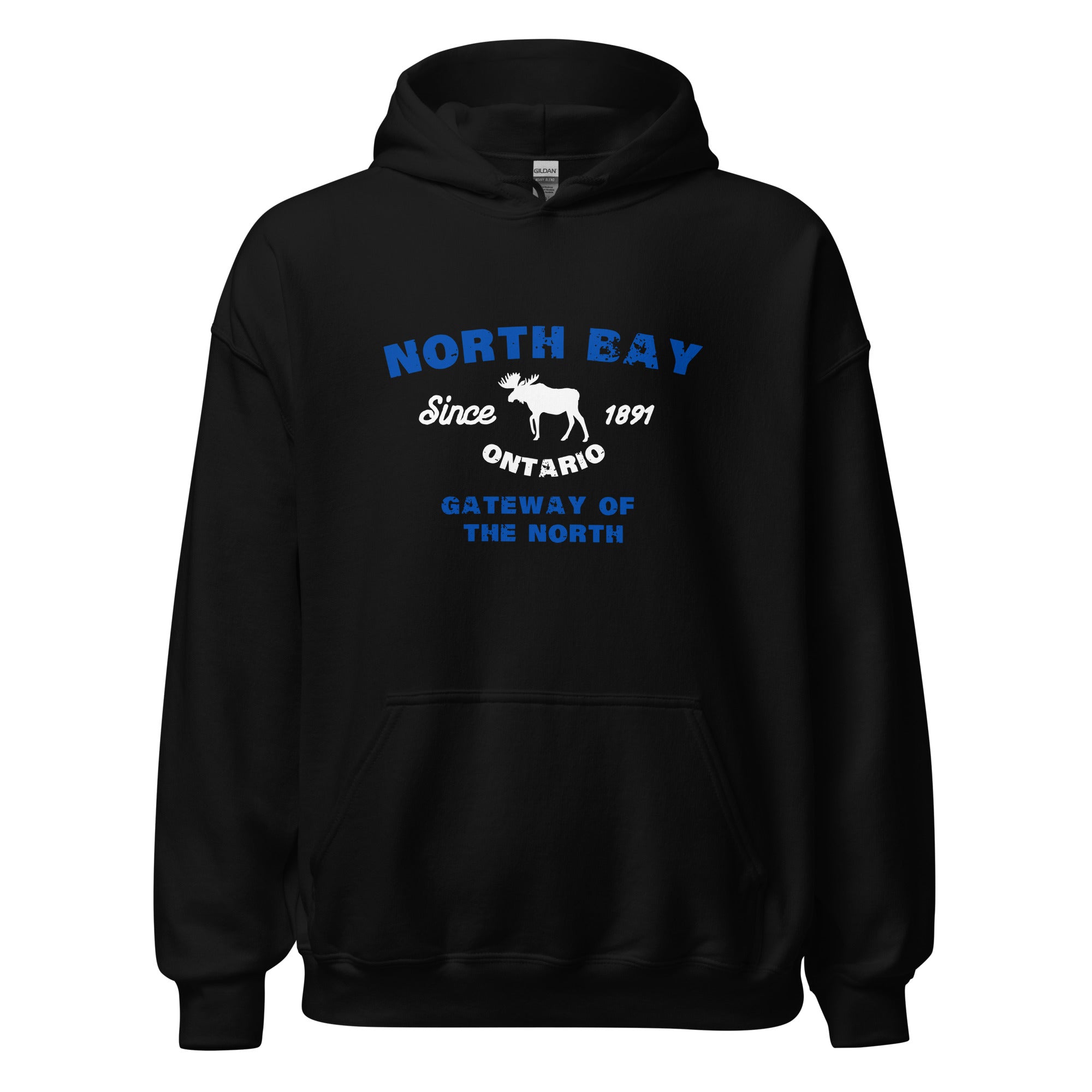 Canadian City Hoodie, North Bay, Ontario, Moose Design, Gateway of the North, Men's Hoodie Blue Font