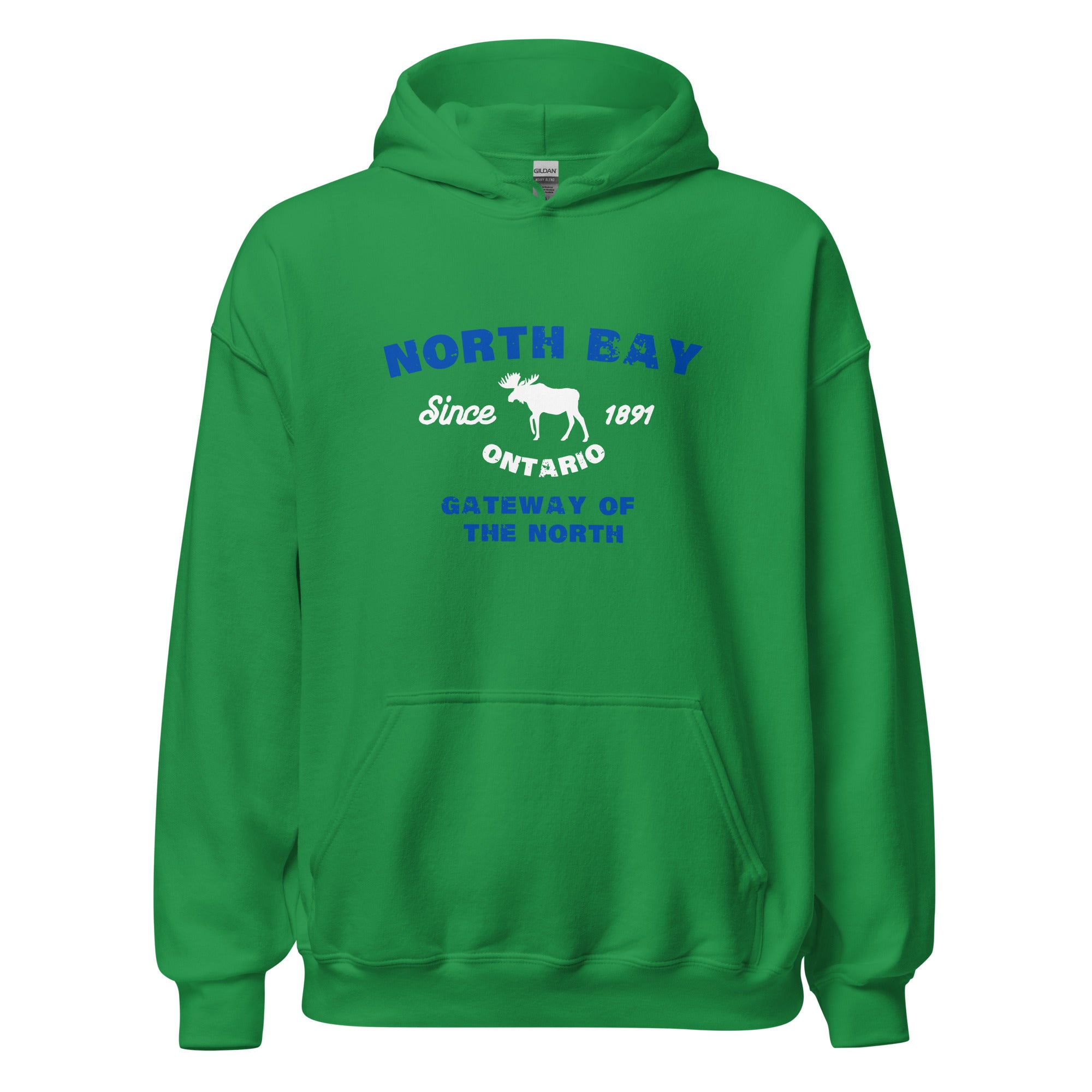 Canadian City Hoodie, North Bay, Ontario, Moose Design, Gateway of the North, Men's Hoodie Blue Font