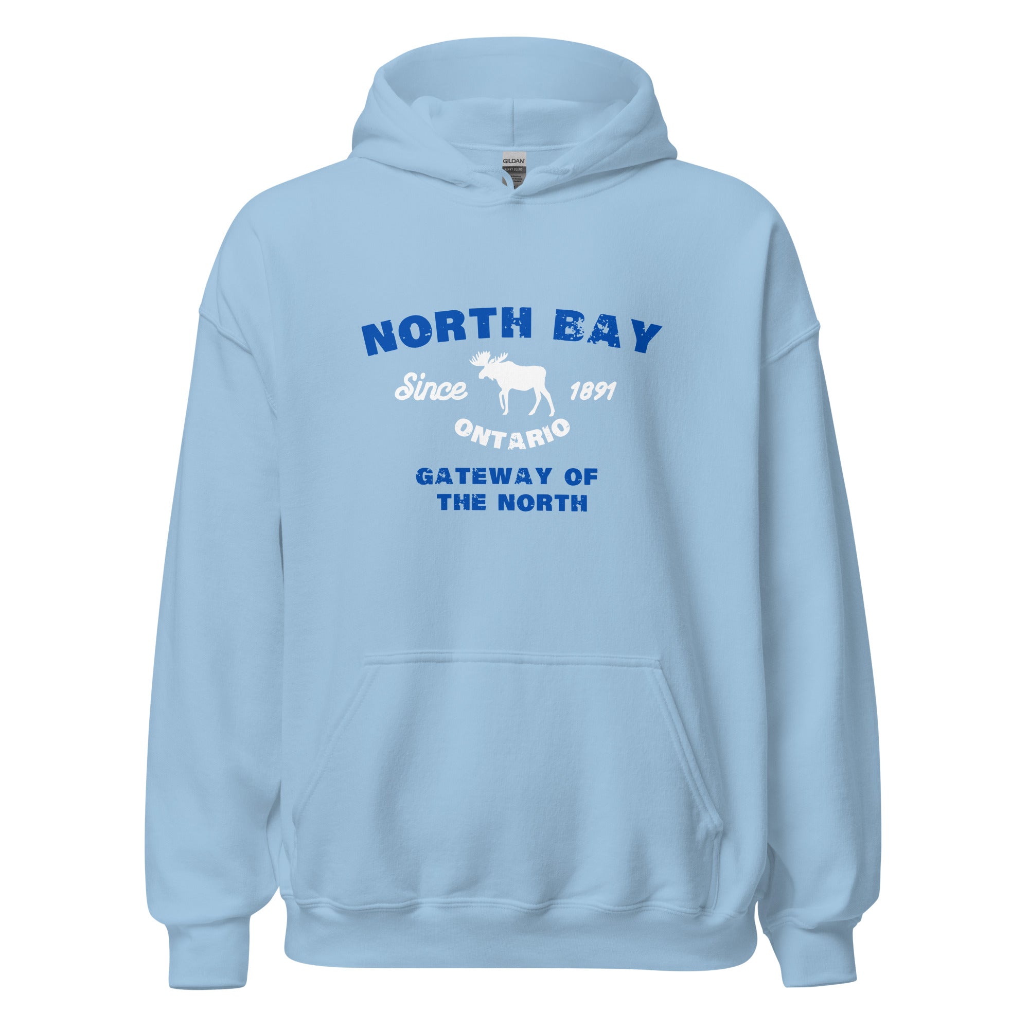 Canadian City Hoodie, North Bay, Ontario, Moose Design, Gateway of the North, Men's Hoodie Blue Font