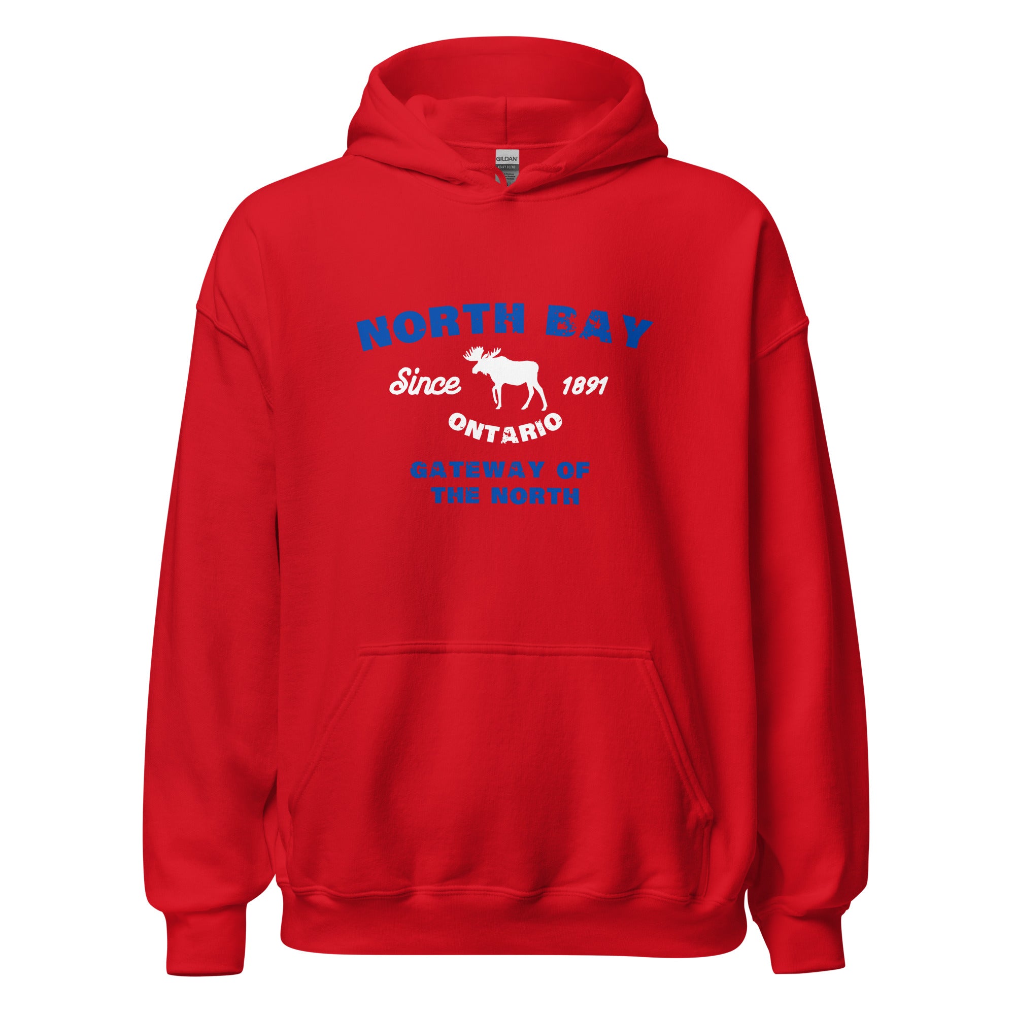 Canadian City Hoodie, North Bay, Ontario, Moose Design, Gateway of the North, Men's Hoodie Blue Font
