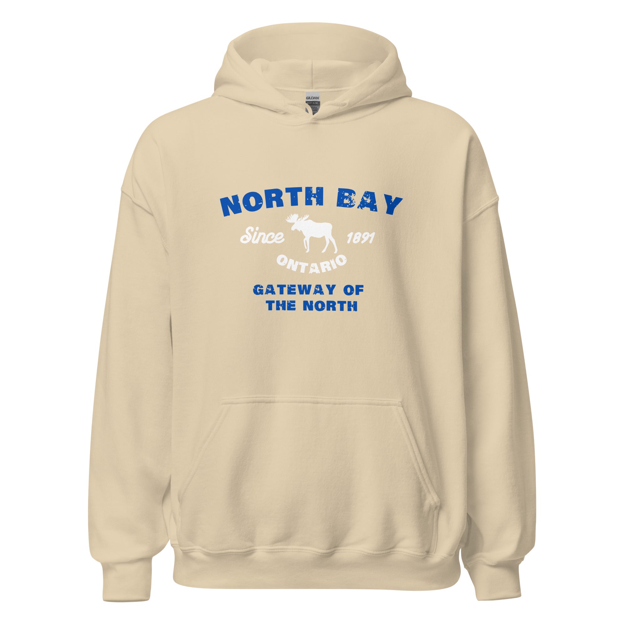 Canadian City Hoodie, North Bay, Ontario, Moose Design, Gateway of the North, Men's Hoodie Blue Font