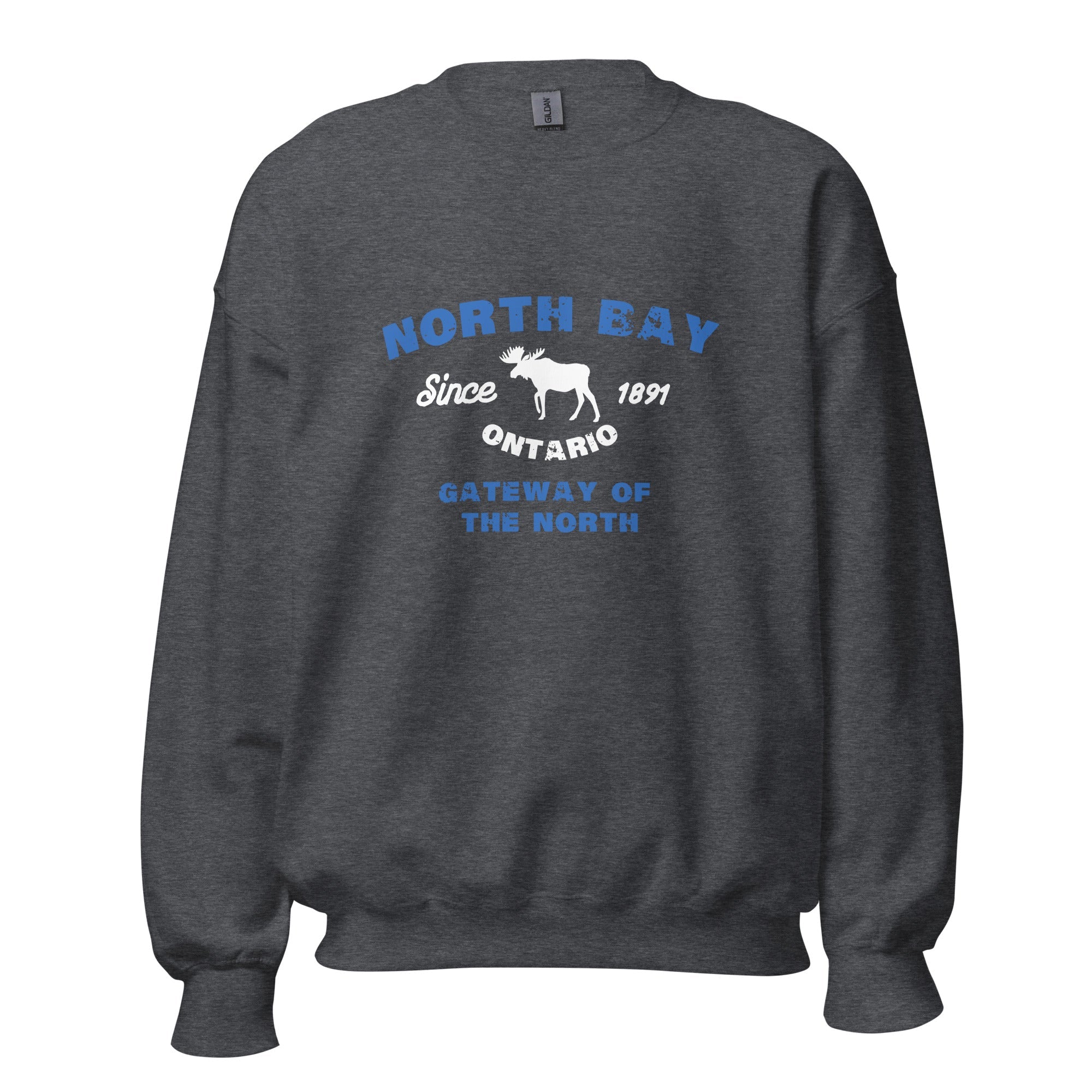 Canadian City Sweatshirt, North Bay, Ontario, Moose Design, Gateway of the North, Men's Sweatshirt Blue Font