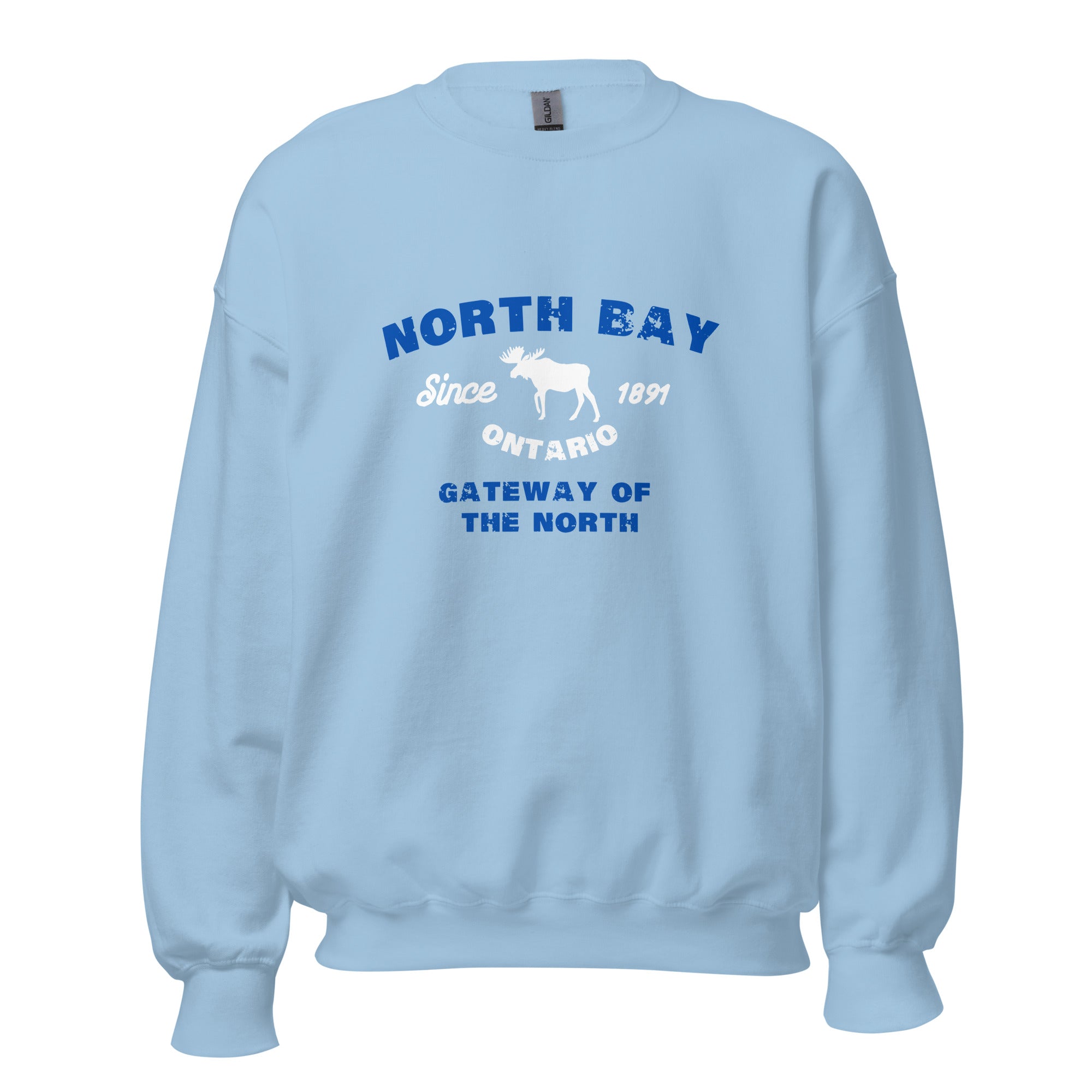 Canadian City Sweatshirt, North Bay, Ontario, Moose Design, Gateway of the North, Men's Sweatshirt Blue Font