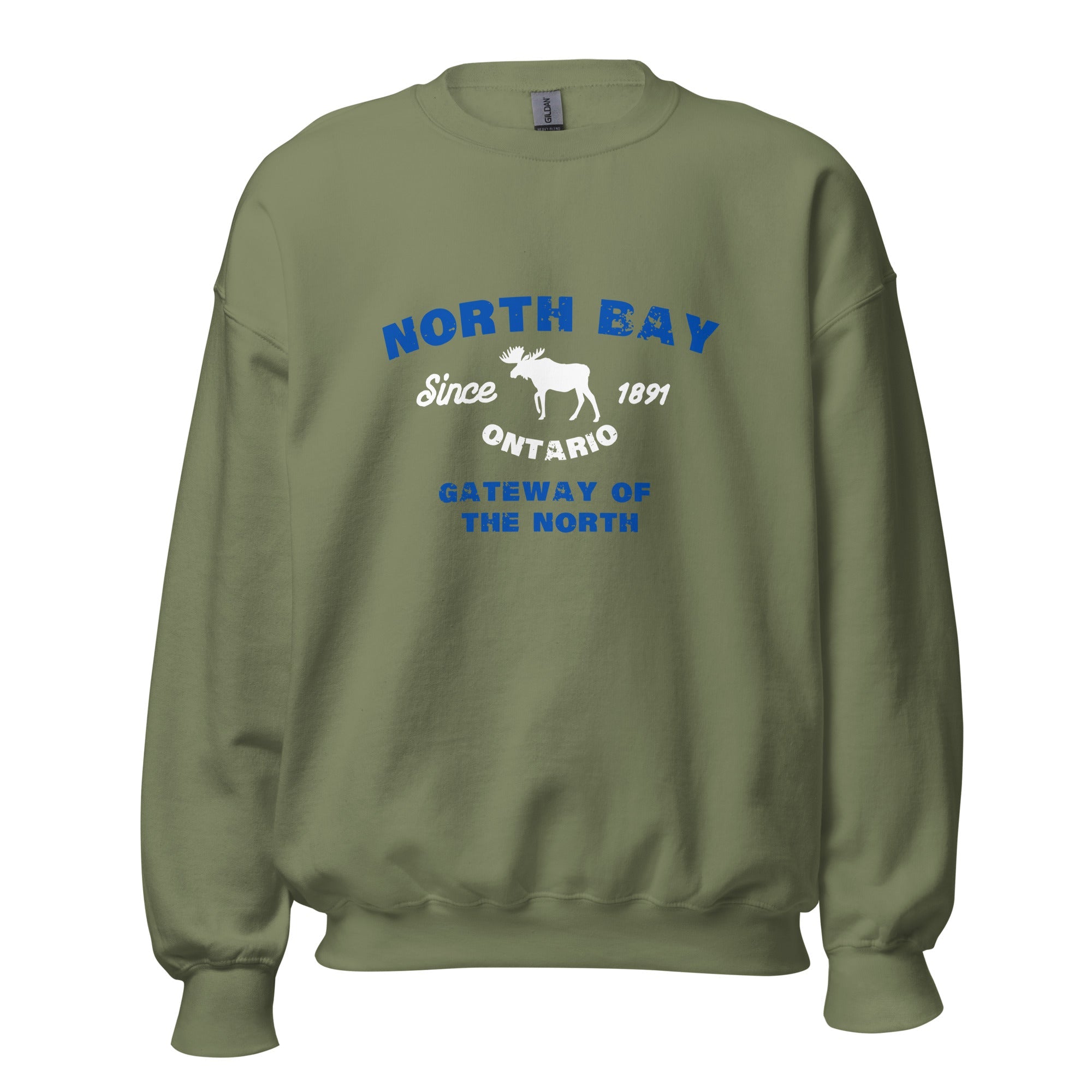 Canadian City Sweatshirt, North Bay, Ontario, Moose Design, Gateway of the North, Men's Sweatshirt Blue Font
