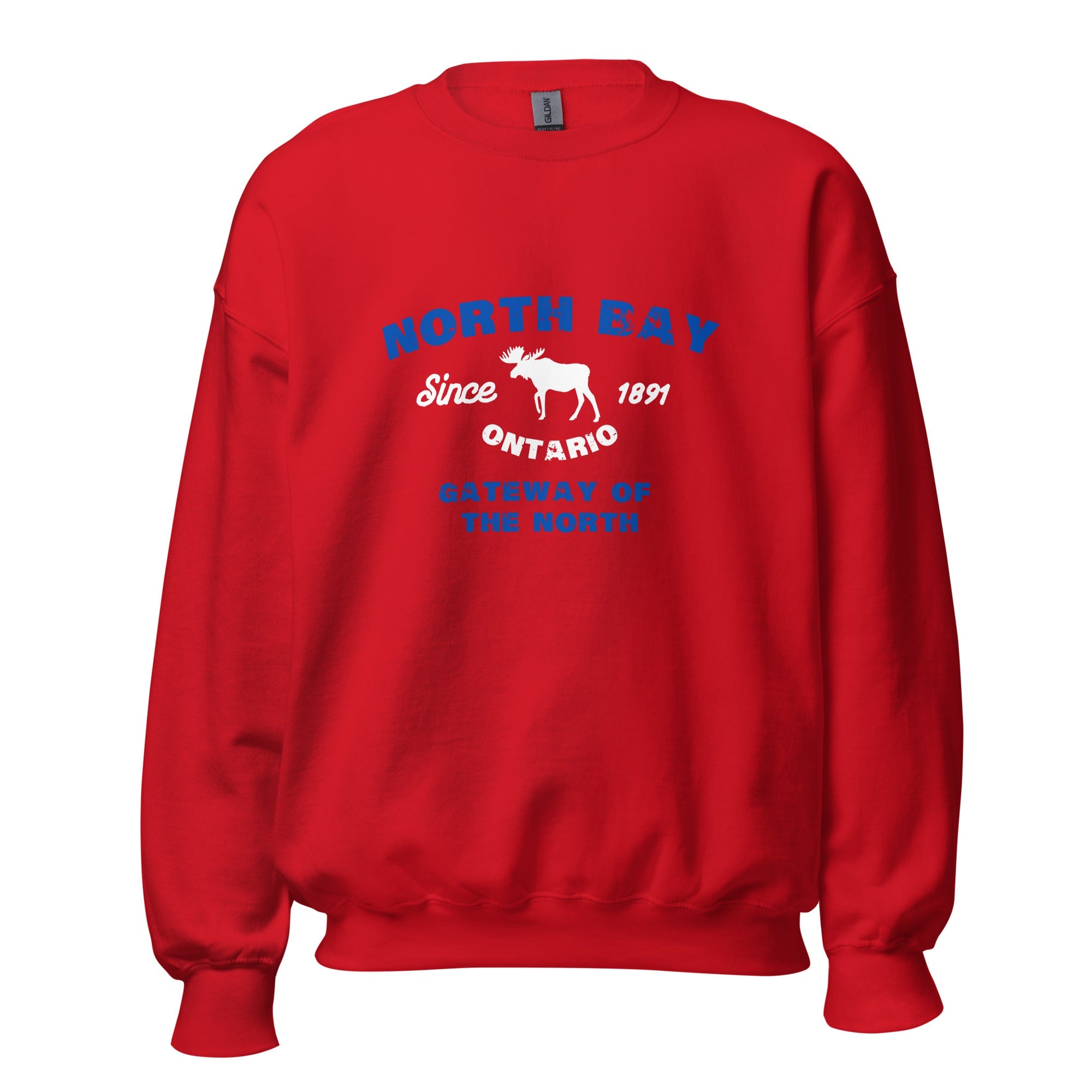 Canadian City Sweatshirt, North Bay, Ontario, Moose Design, Gateway of the North, Men's Sweatshirt Blue Font