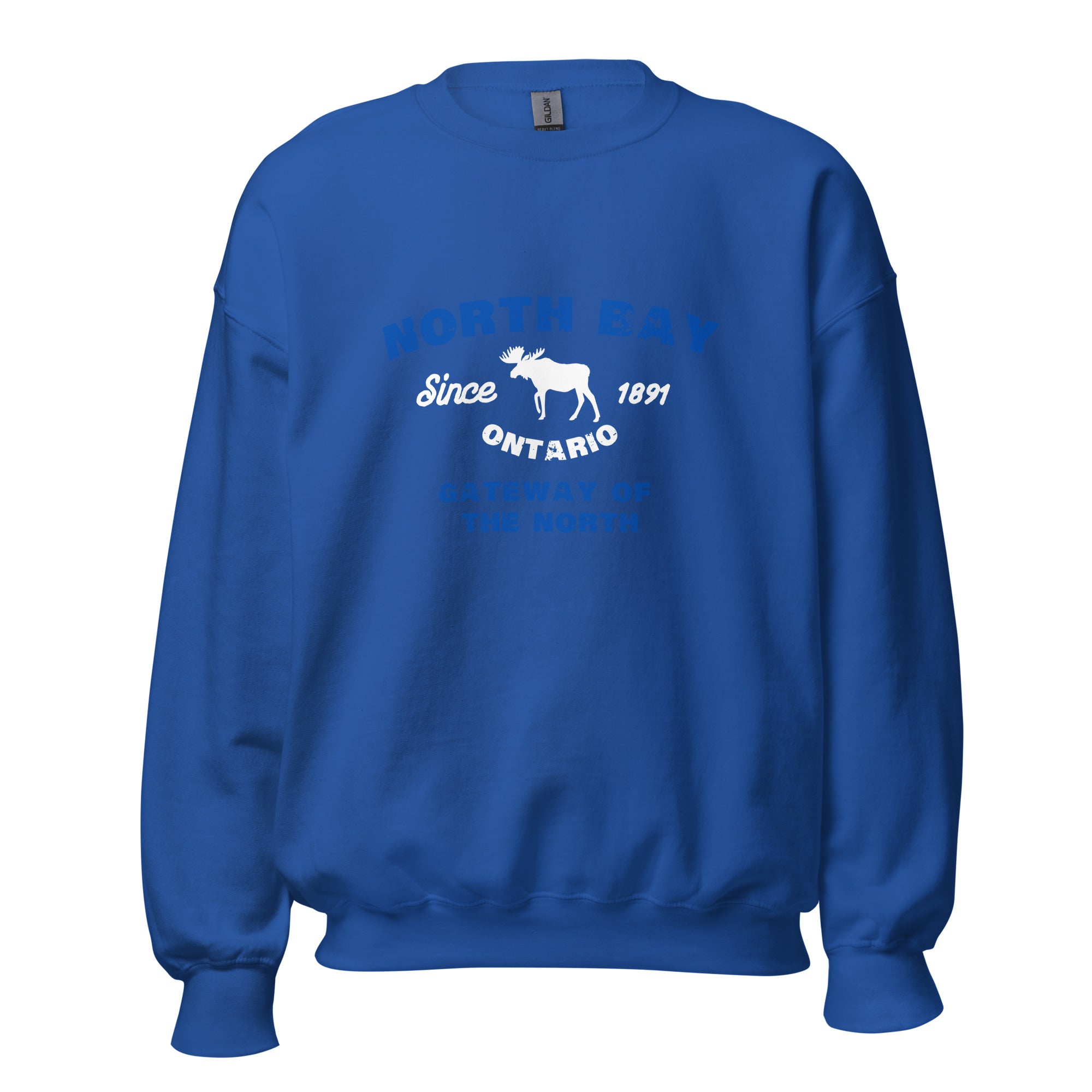 Canadian City Sweatshirt, North Bay, Ontario, Moose Design, Gateway of the North, Men's Sweatshirt Blue Font