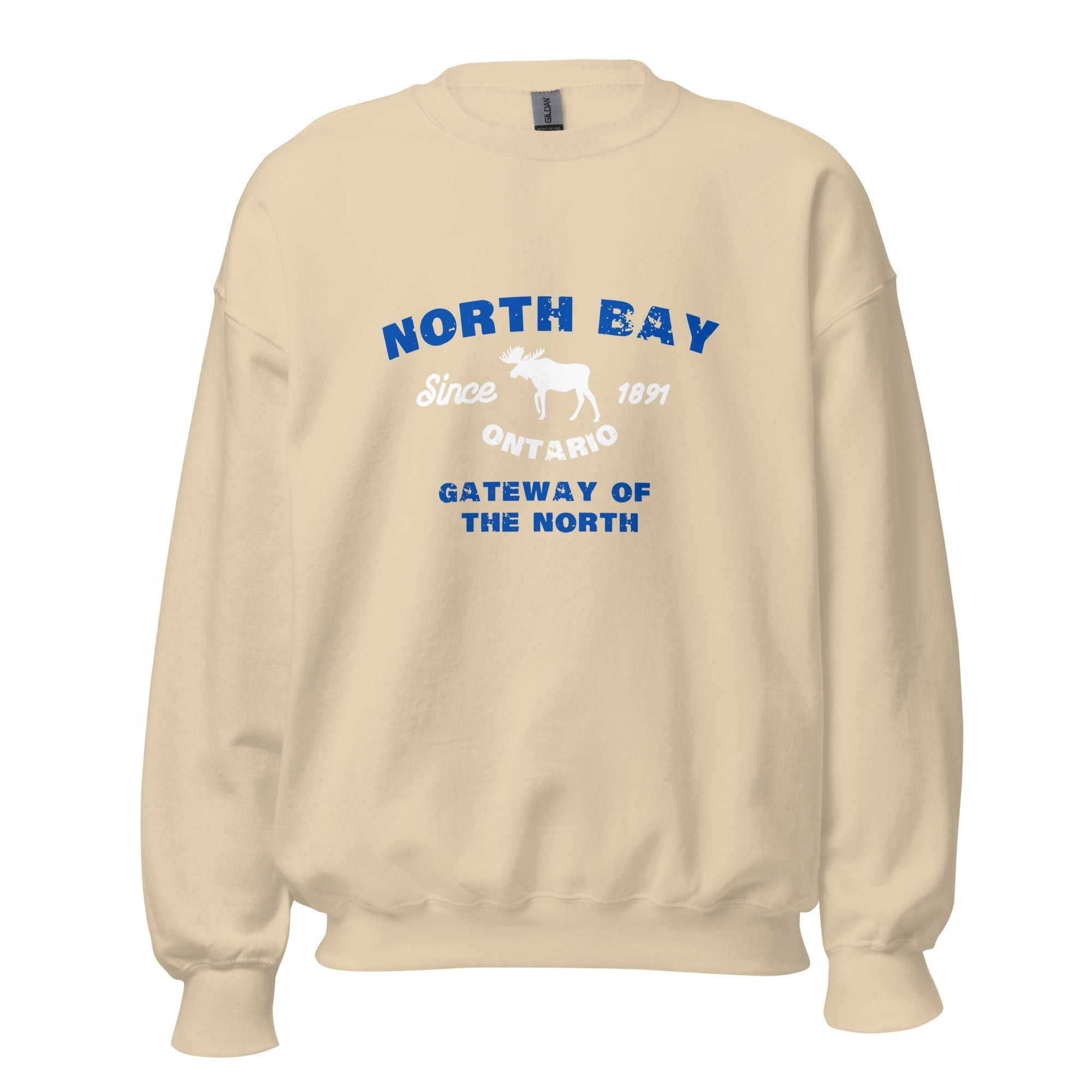 Canadian City Sweatshirt, North Bay, Ontario, Moose Design, Gateway of the North, Men's Sweatshirt Blue Font