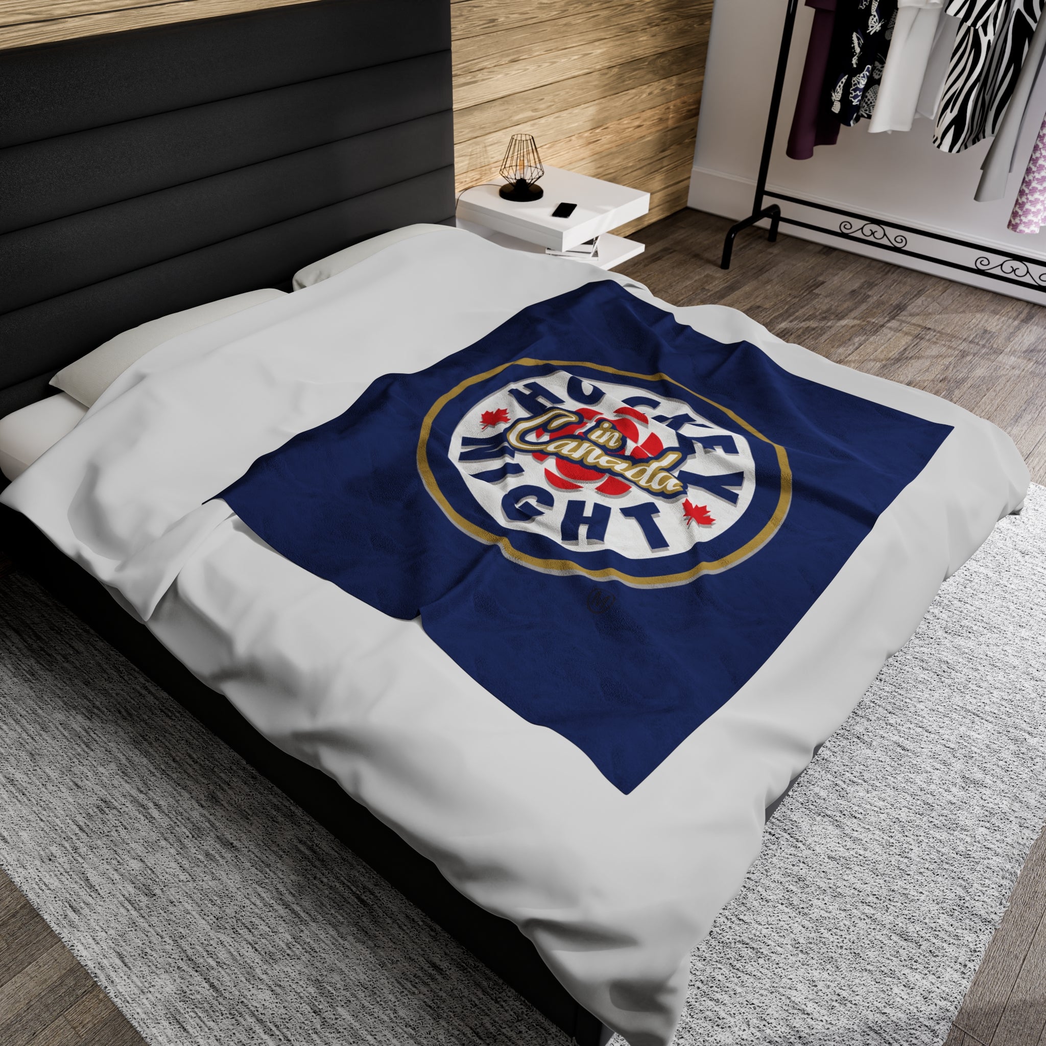 Hockey Night In Canada Blanket, HNIC- Licensed CBC, Blue Front/White Back Velveteen Plush Blanket