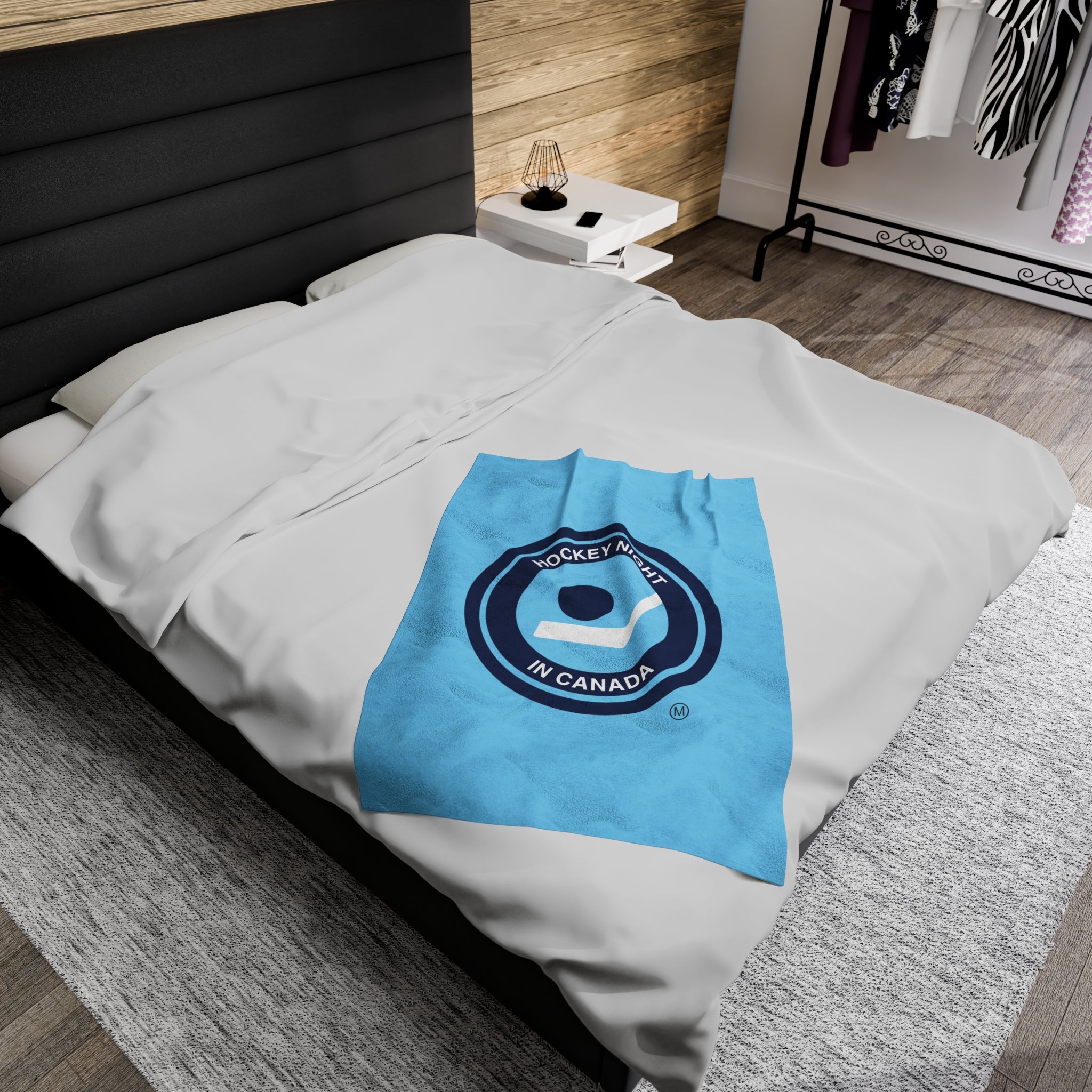 Hockey Night In Canada Retro Logo Blanket, HNIC- Licensed CBC, Retro Blue Front/White Back Velveteen Plush Blanket