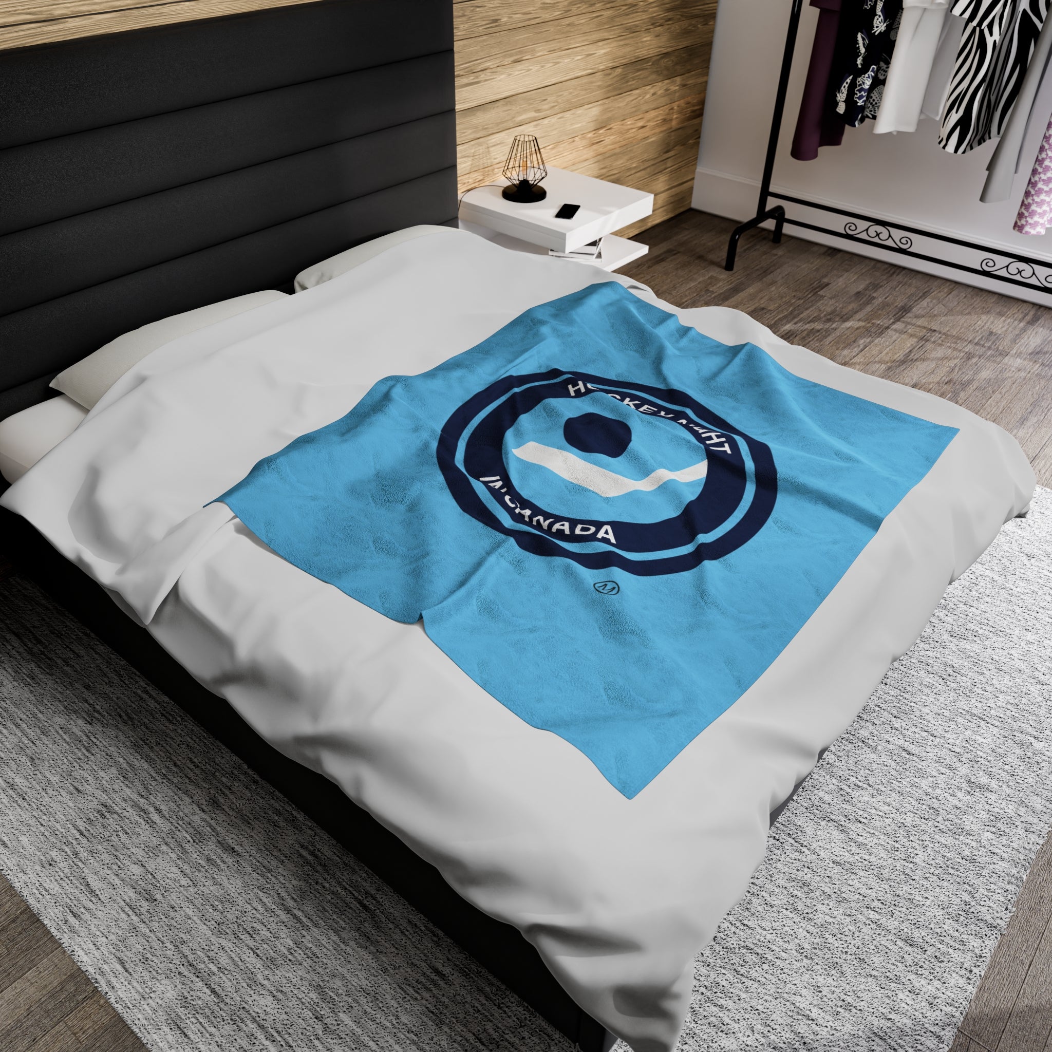 Hockey Night In Canada Retro Logo Blanket, HNIC- Licensed CBC, Retro Blue Front/White Back Velveteen Plush Blanket