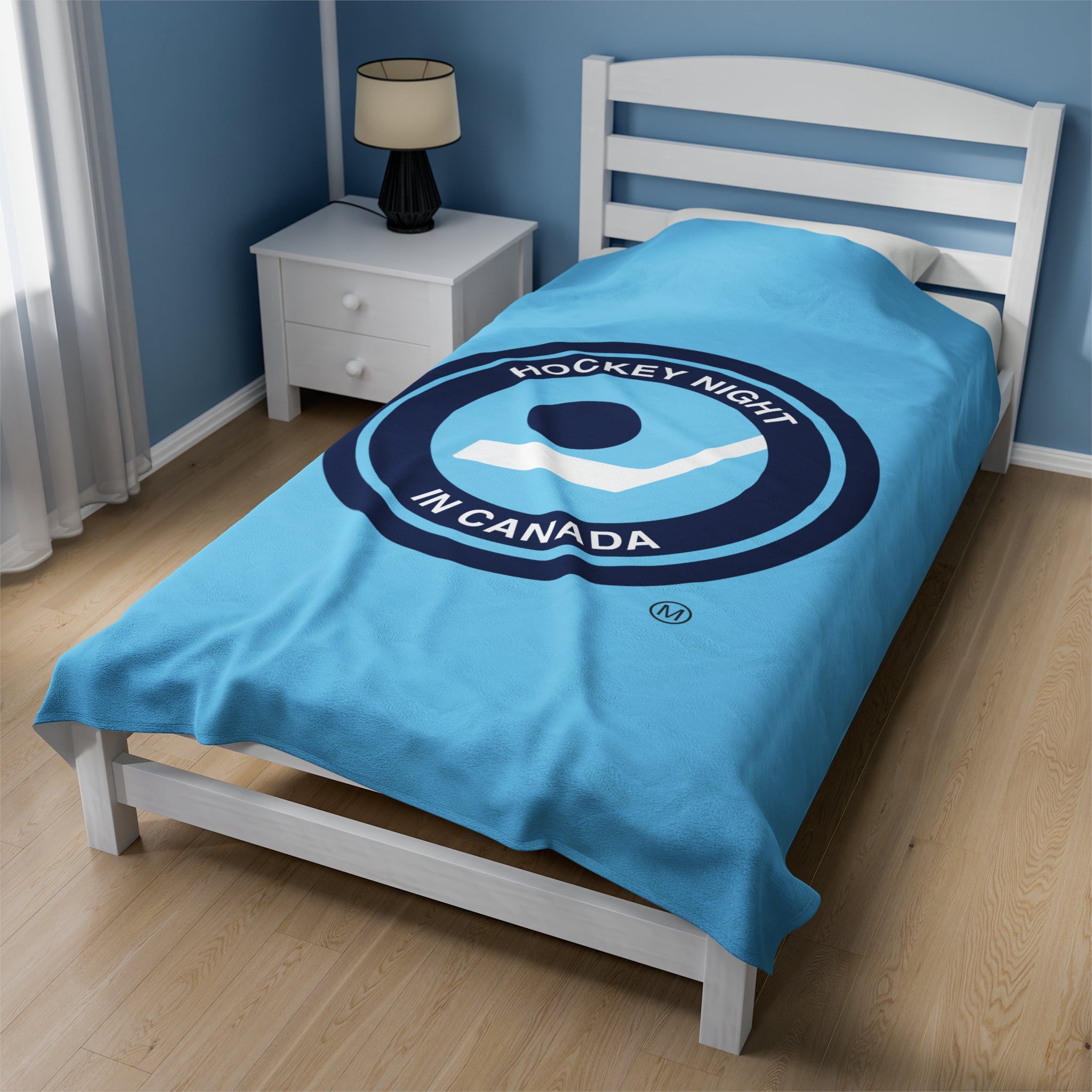Hockey Night In Canada Retro Logo Blanket, HNIC- Licensed CBC, Retro Blue Front/White Back Velveteen Plush Blanket
