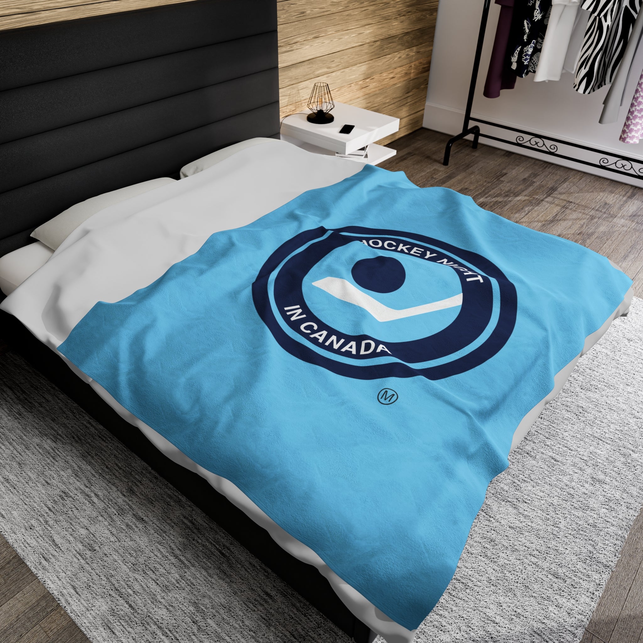Hockey Night In Canada Retro Logo Blanket, HNIC- Licensed CBC, Retro Blue Front/White Back Velveteen Plush Blanket