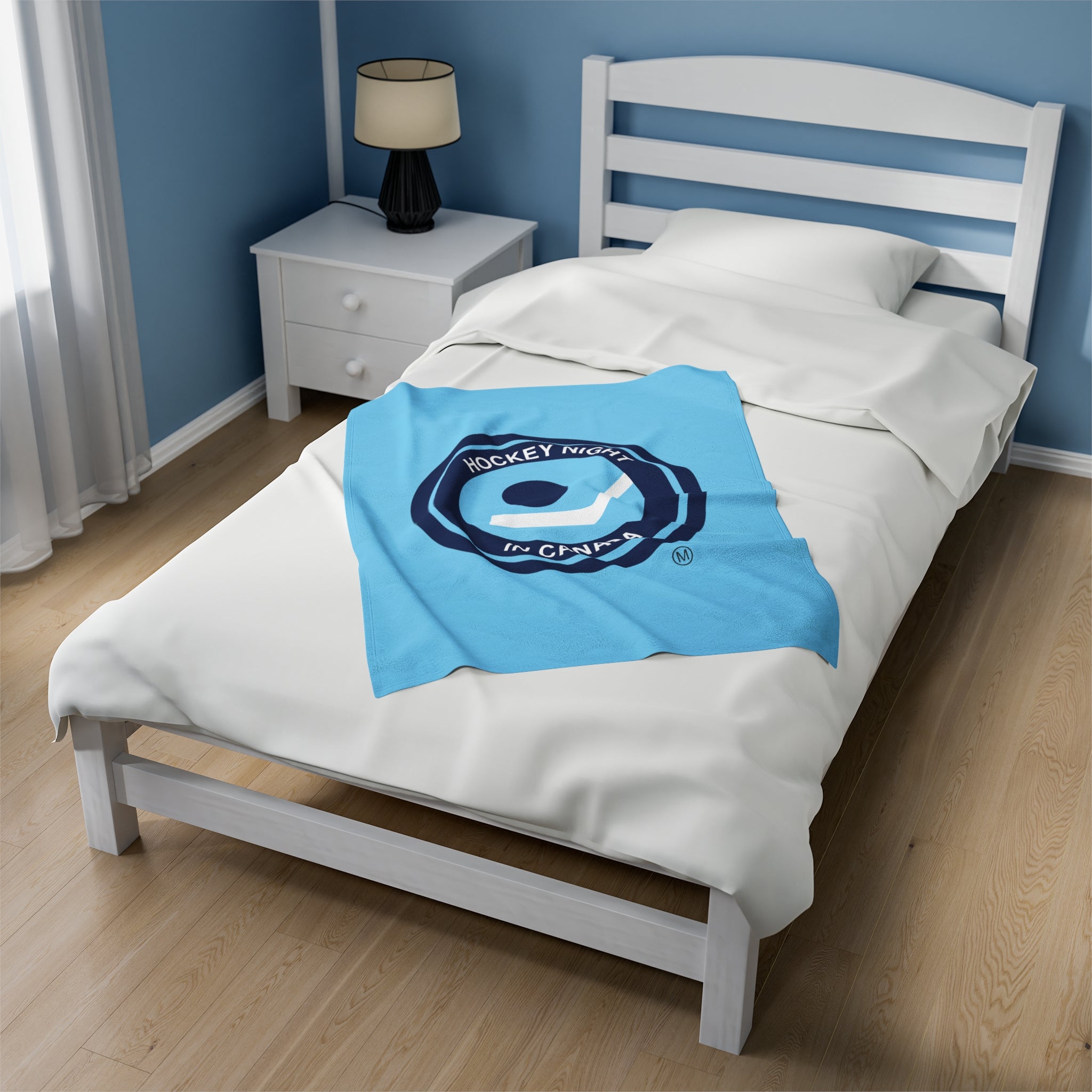 Hockey Night In Canada Retro Logo Blanket, HNIC- Licensed CBC, Retro Blue Front/White Back Velveteen Plush Blanket