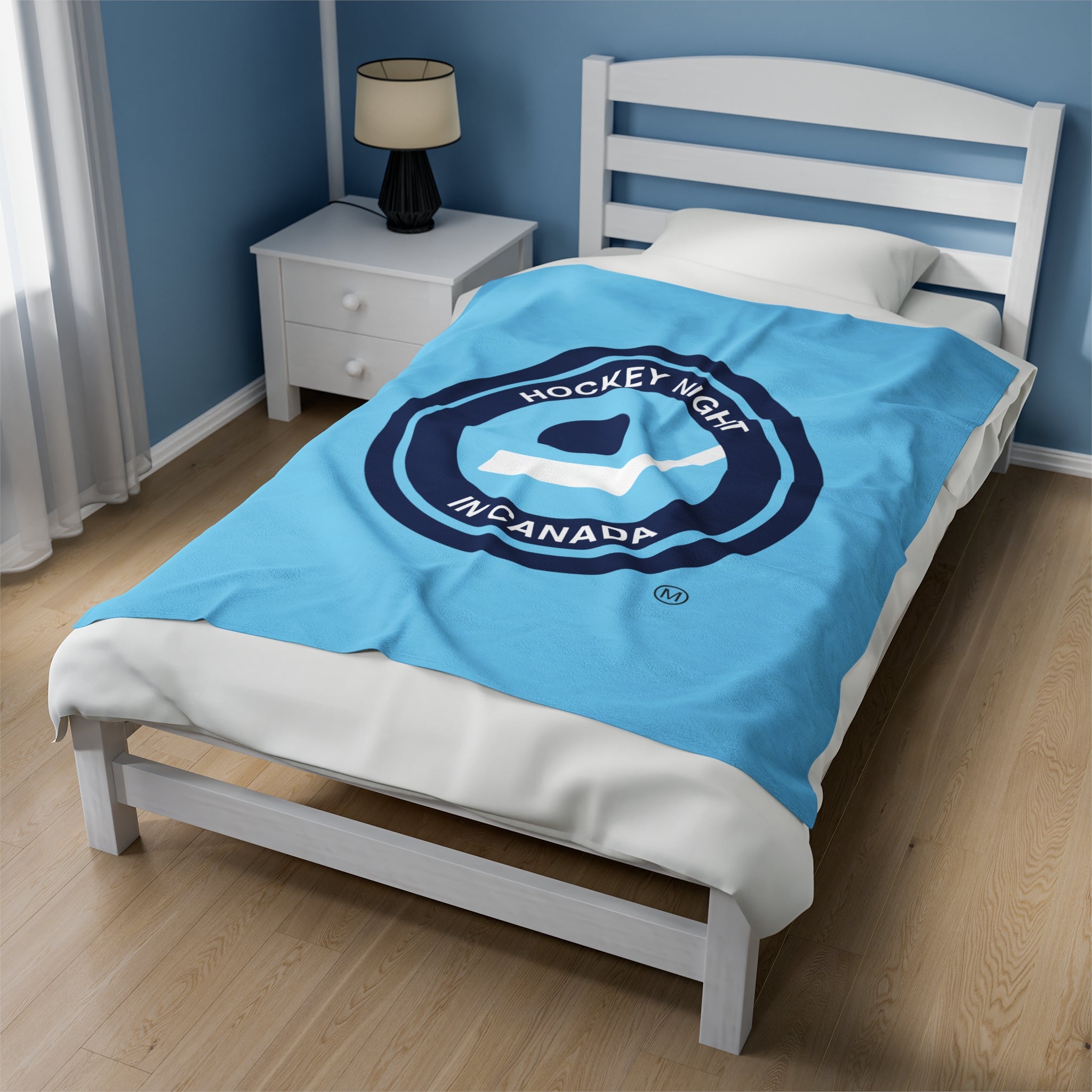 Hockey Night In Canada Retro Logo Blanket, HNIC- Licensed CBC, Retro Blue Front/White Back Velveteen Plush Blanket