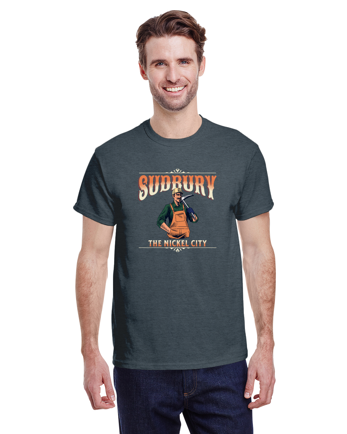 Canadian City T-Shirt, Sudbury, Ontario, Miner Design, The Nickel City, Men's T-Shirt — alternate product view 3