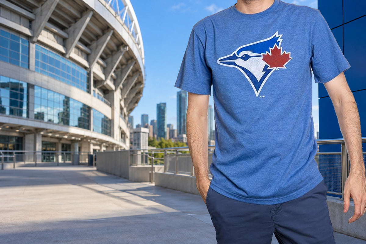 Toronto Blue Jays royal T-shirt styled outside a ballpark