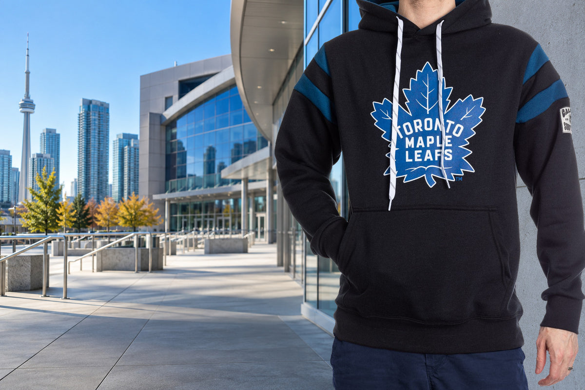 Toronto Maple Leafs hoodie styled outside a city arena