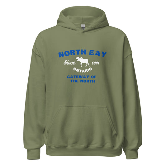 Canadian City Hoodie, North Bay, Ontario, Moose Design, Gateway of the North, Men's Hoodie Blue Font