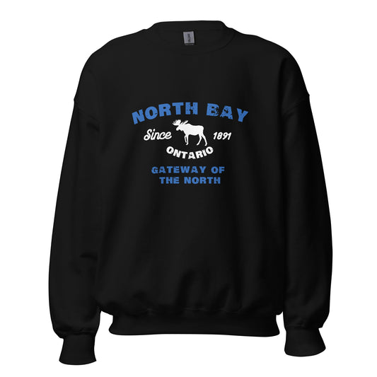 Canadian City Sweatshirt, North Bay, Ontario, Moose Design, Gateway of the North, Men's Sweatshirt Blue Font
